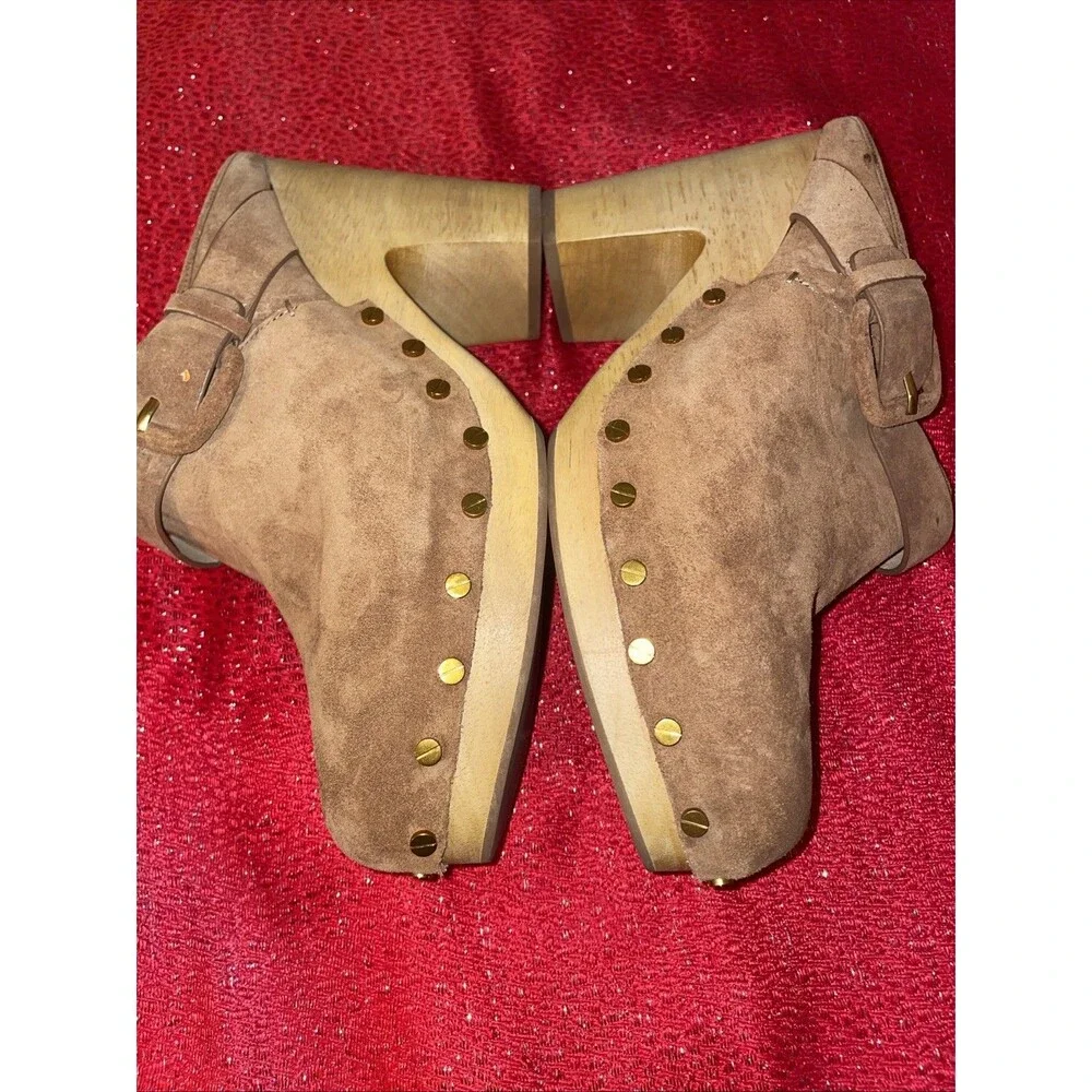 Veronica Beard Dacey Buckle Suede Clogs size 11M USA women Tan Pecan Wood Metals